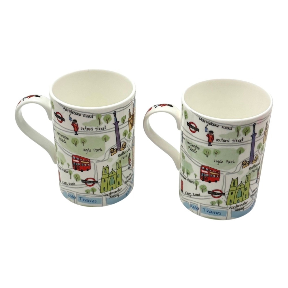 London Map James Sadler Coffee Mugs Lot 2 White Fine Bone China Porcelain